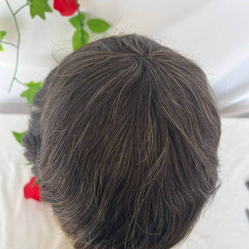 510# 90% Human #5 Brown Hair Mixed with 10% Synthetic White Hair Toupee For Men Mono Base with PU around Men's Hair System 10X8inch