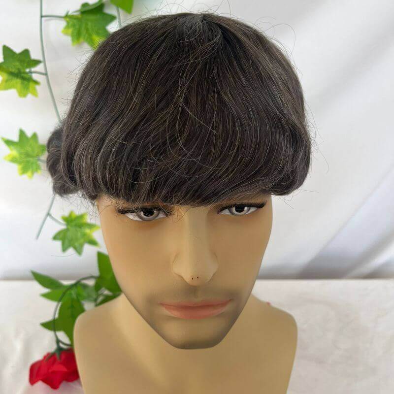 510# 90% Human #5 Brown Hair Mixed with 10% Synthetic White Hair Toupee For Men Mono Base with PU around Men's Hair System 10X8inch