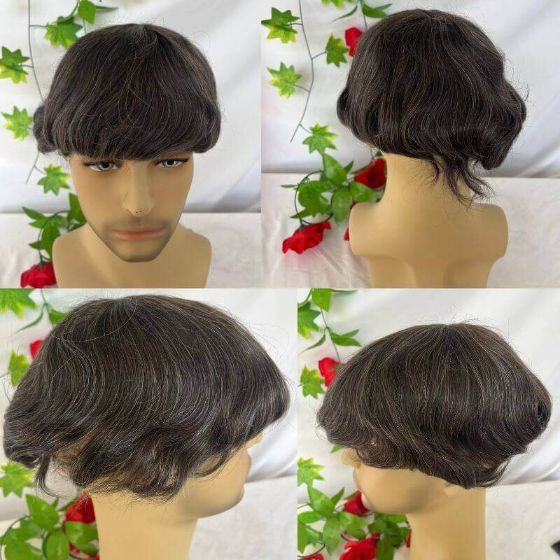 510# 90% Human #5 Brown Hair Mixed with 10% Synthetic White Hair Toupee For Men Mono Base with PU around Men's Hair System 10X8inch