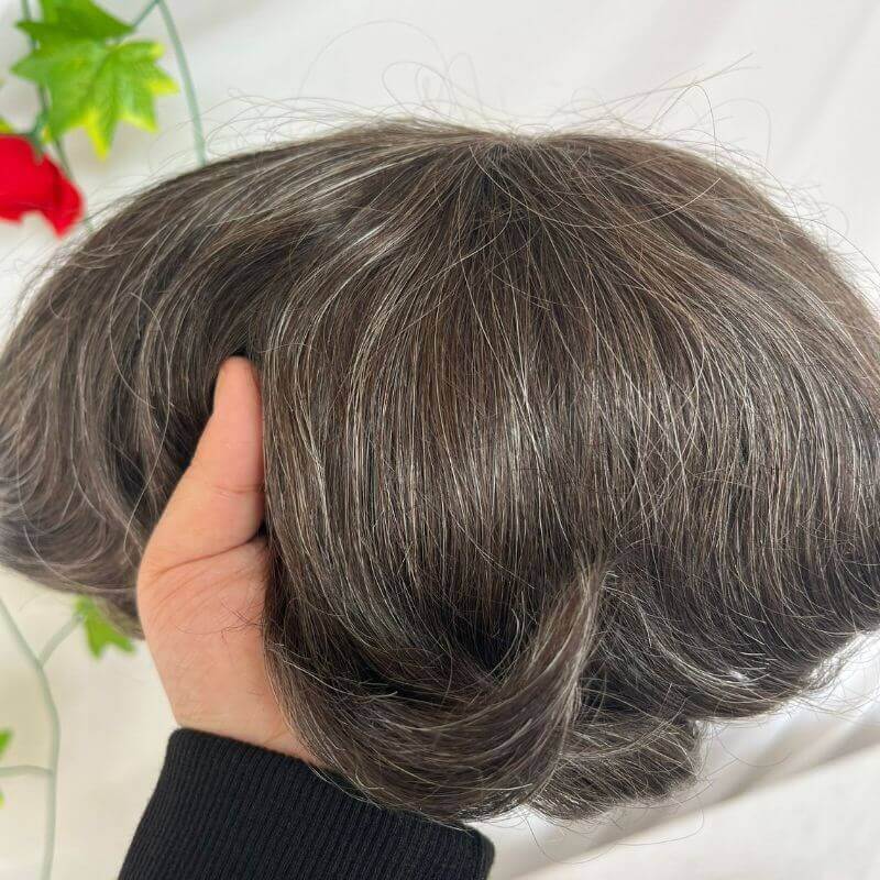 510# 90% Human #5 Brown Hair Mixed with 10% Synthetic White Hair Toupee For Men Mono Base with PU around Men's Hair System 10X8inch