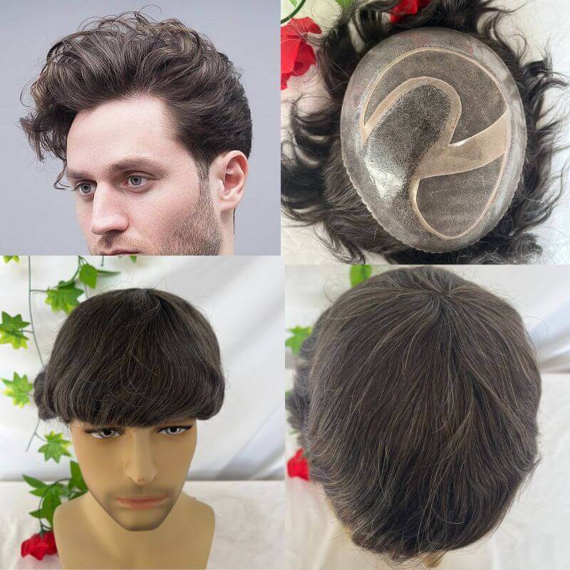 510# 90% Human #5 Brown Hair Mixed with 10% Synthetic White Hair Toupee For Men Mono Base with PU around Men's Hair System 10X8inch