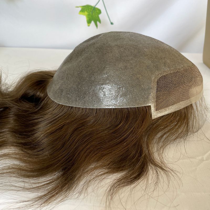 #6 Brown Color Men's Toupee 100% European Human Hair Swiss Lace Front Natural Hairline Thin Skin PU V-looped Men's Hair Replacement System 8x10
