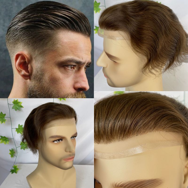 #6 Brown Color Men's Toupee 100% European Human Hair Swiss Lace Front Natural Hairline Thin Skin PU V-looped Men's Hair Replacement System 8x10