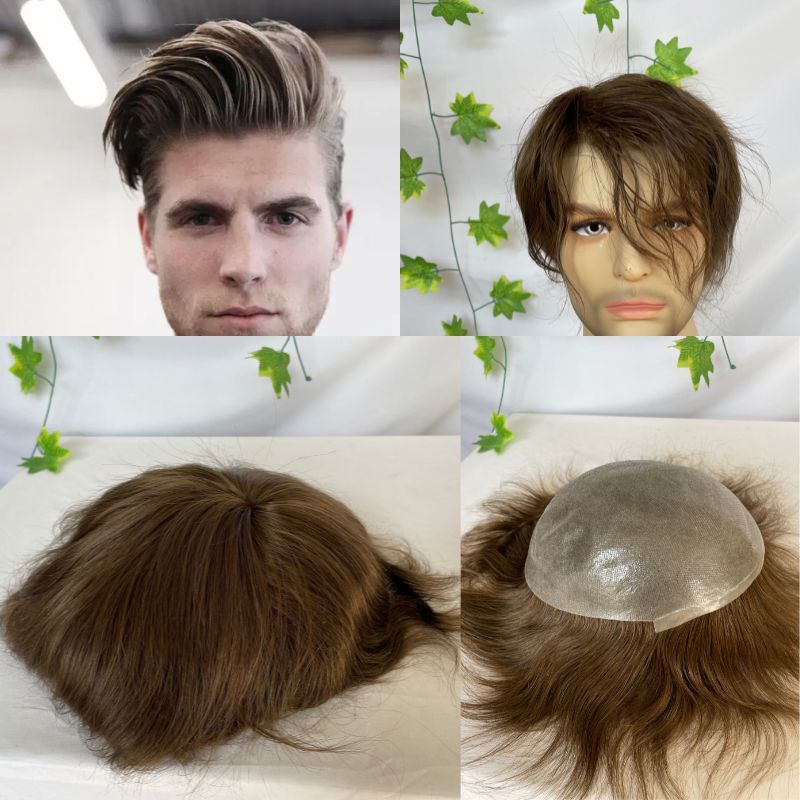 Toupee for Man Super Thin Skin PU Men's Hair European Virgin Human 6# Brown Color Hair Replacement 10x8inch Hair System