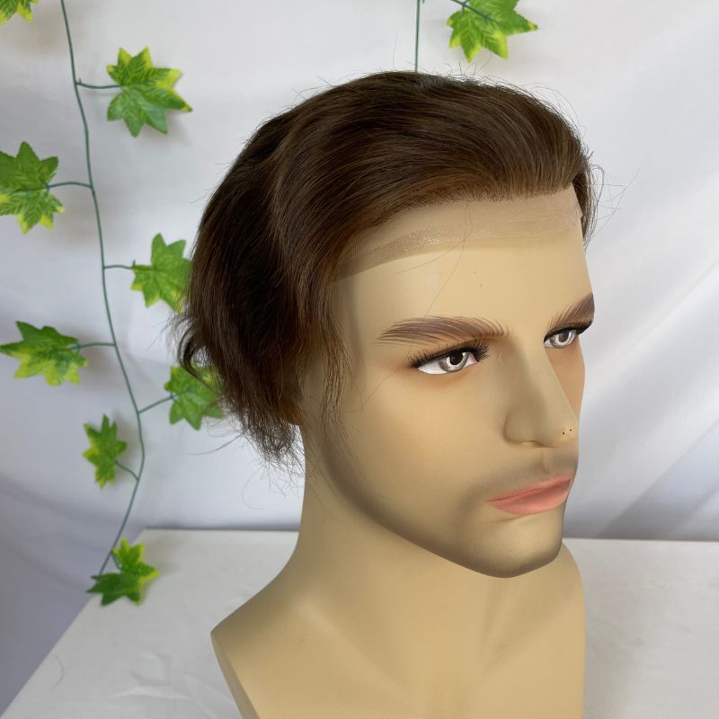 #6 Brown Color Men's Toupee 100% European Human Hair Swiss Lace Front Natural Hairline Thin Skin PU V-looped Men's Hair Replacement System 8x10