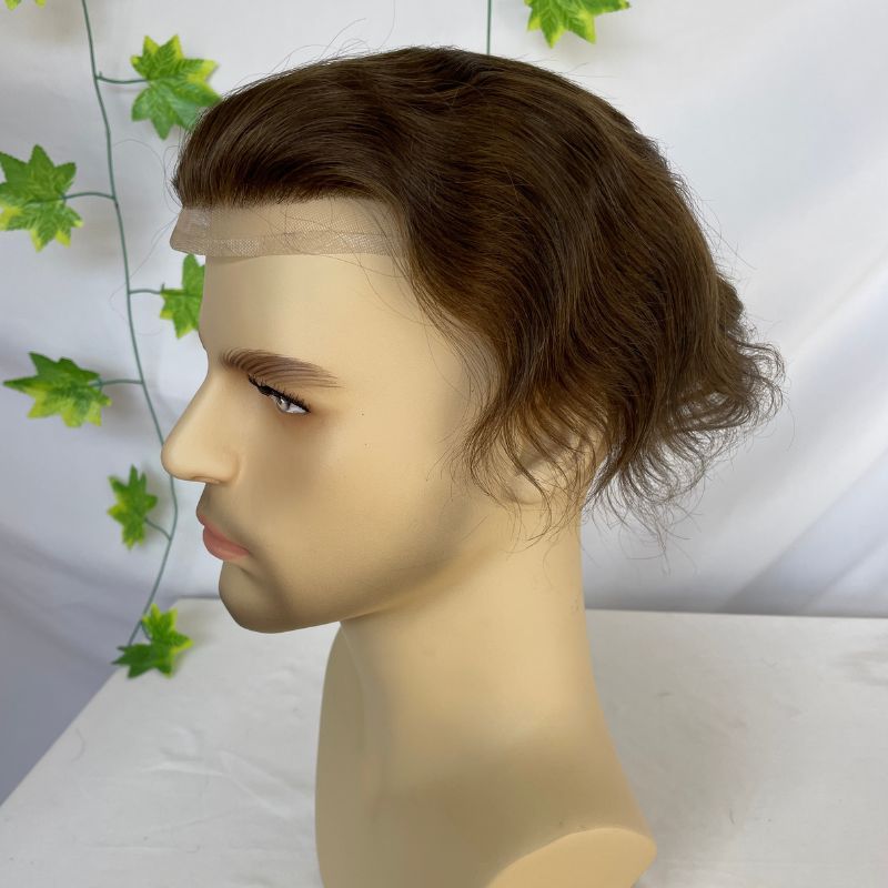 #6 Brown Color Men's Toupee 100% European Human Hair Swiss Lace Front Natural Hairline Thin Skin PU V-looped Men's Hair Replacement System 8x10