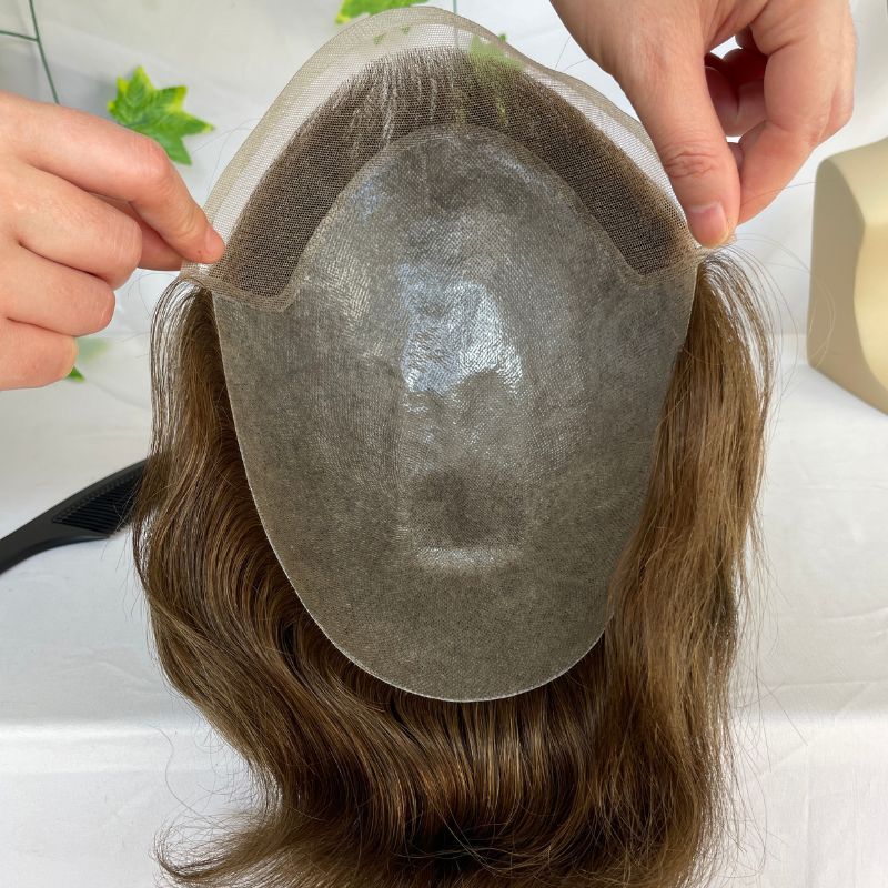 #6 Brown Color Men's Toupee 100% European Human Hair Swiss Lace Front Natural Hairline Thin Skin PU V-looped Men's Hair Replacement System 8x10