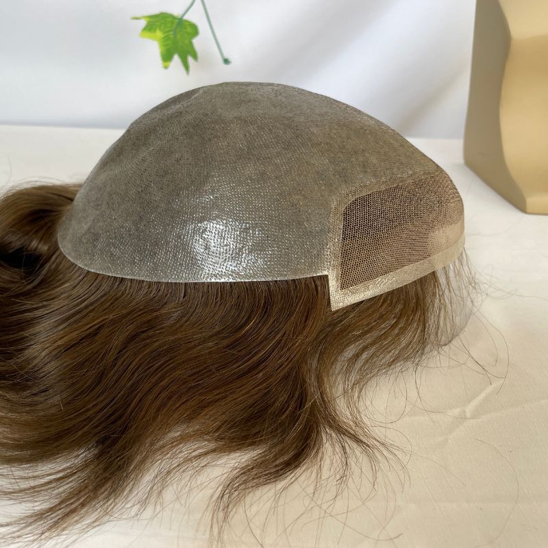 #6 Brown Color Men's Toupee 100% European Human Hair Swiss Lace Front Natural Hairline Thin Skin PU V-looped Men's Hair Replacement System 8x10