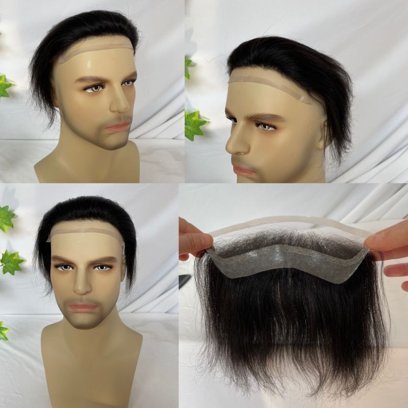 Transparent HD Invisible Lace Hairline French Lace Front Mens Frontal Hairpiece for Receding Natural Hairline V-Shape Lace Poly PU Forehead Human Hair Replacement System Toupee for Men White 1B and  Natural  Color