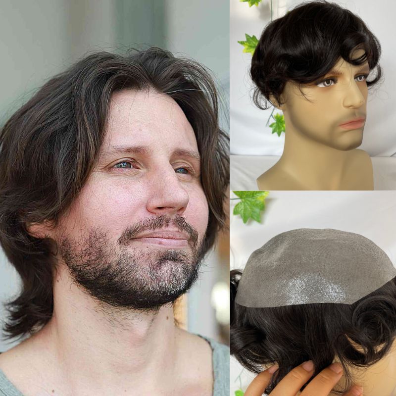 0.02-0.03 mm Ultra Thin Skin PU Base Men Toupee Thin Skin PU Men's Hair European Virgin Human Dark Brown Hair System