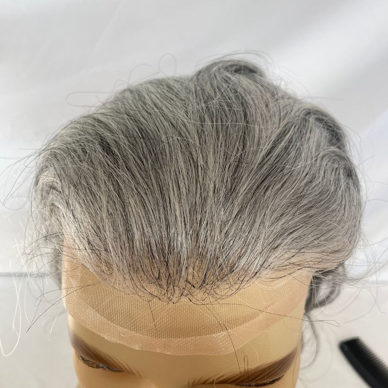 Toupee for Men Mono Base with PU Lace Front European Human Hair System 1B80 Gray Hair (20% Natural Human Hair with 80% Synthetic Grey Hair) 10x8 Inch Cap Base Size