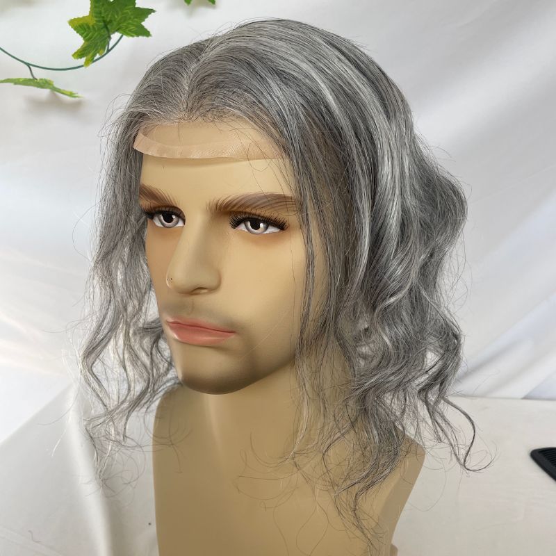 Toupee for Men Mono Base with PU Lace Front European Human Hair System 1B80 Gray Hair (20% Natural Human Hair with 80% Synthetic Grey Hair) 10x8 Inch Cap Base Size