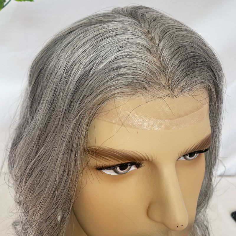 Toupee for Men Mono Base with PU Lace Front European Human Hair System 1B80 Gray Hair (20% Natural Human Hair with 80% Synthetic Grey Hair) 10x8 Inch Cap Base Size