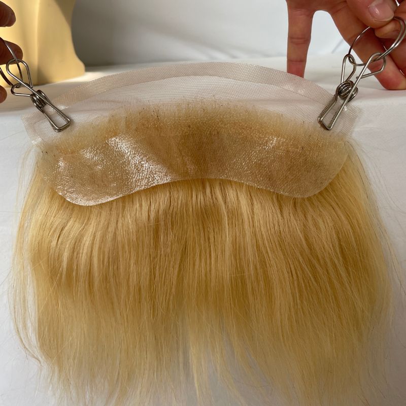 Transparent HD Invisible Lace Front Hairline French Lace Front Mens Toupee Frontal Hairpiece for Receding Natural Hairline V-Shape Lace Poly PU Forehead Human Hair Replacement System Blonde 613