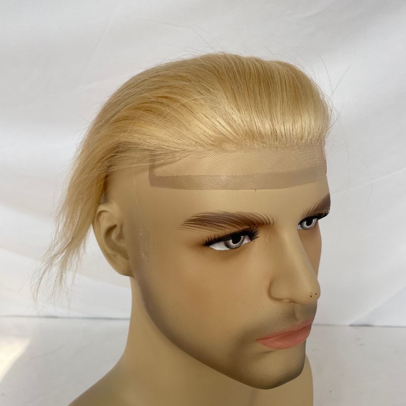 Transparent HD Invisible Lace Front Hairline French Lace Front Mens Toupee Frontal Hairpiece for Receding Natural Hairline V-Shape Lace Poly PU Forehead Human Hair Replacement System Blonde 613