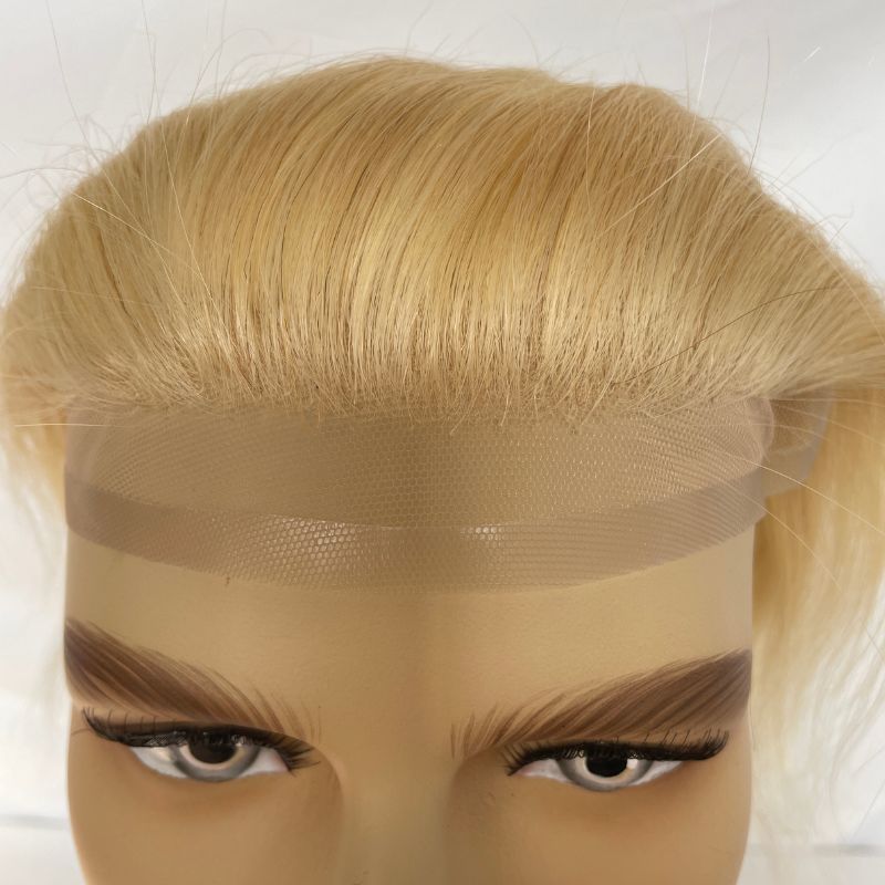 Transparent HD Invisible Lace Front Hairline French Lace Front Mens Toupee Frontal Hairpiece for Receding Natural Hairline V-Shape Lace Poly PU Forehead Human Hair Replacement System Blonde 613