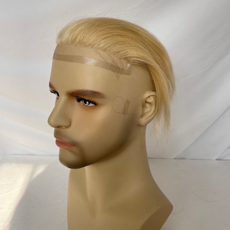 Transparent HD Invisible Lace Front Hairline French Lace Front Mens Toupee Frontal Hairpiece for Receding Natural Hairline V-Shape Lace Poly PU Forehead Human Hair Replacement System Blonde 613