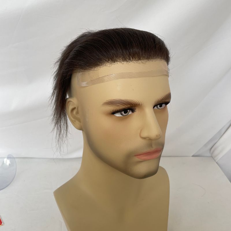 Transparent HD Invisible Lace Front Hairline French Lace Front Mens Toupee Frontal 2# Dark Brown Hairpiece for Receding Natural Hairline V-Shape Lace Poly PU Forehead Human Hair Replacement System