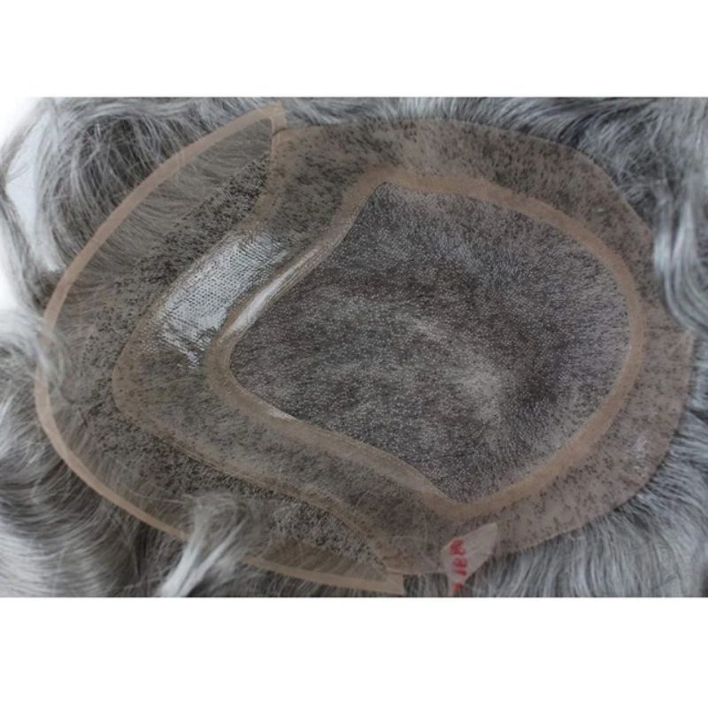 Men's Toupee #1B60 1B Human Hair  Mixed with Synthetic White Hair 8"x10" Mono Base With PU Toupee Man Grey Silver Hair Mens Replacement System Lace Front Natural Hairline