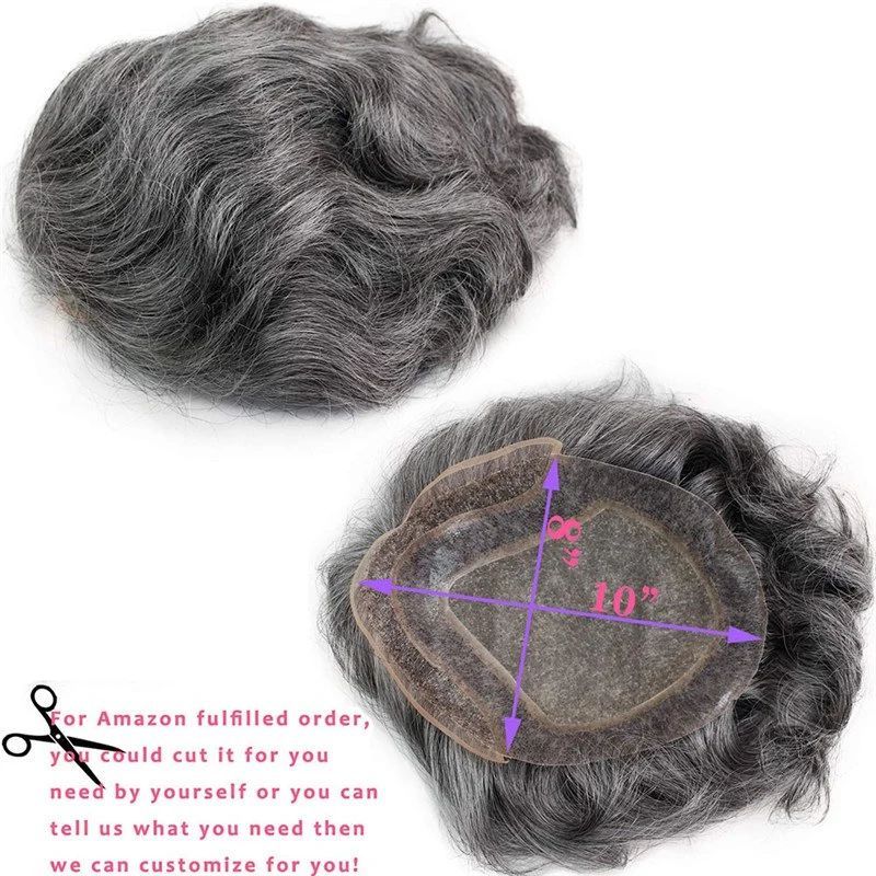 Men's Toupee #1B60 1B Human Hair  Mixed with Synthetic White Hair 8"x10" Mono Base With PU Toupee Man Grey Silver Hair Mens Replacement System Lace Front Natural Hairline