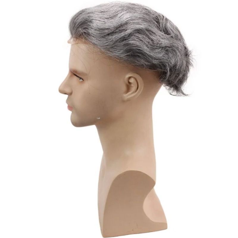 Men's Toupee #1B60 1B Human Hair  Mixed with Synthetic White Hair 8"x10" Mono Base With PU Toupee Man Grey Silver Hair Mens Replacement System Lace Front Natural Hairline