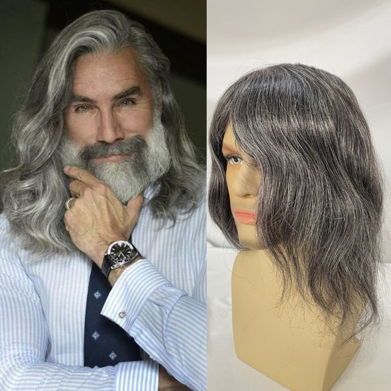 12 Inch Ultra Thin Skin Men Toupee 1b40 60% Human Natural  Black Hair Mixed with 40% Synthetic Grey Hair Long Toupee for Man V-loop Full PU Hair System  8X10inch