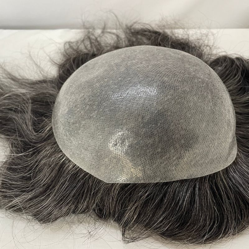 12 Inch Ultra Thin Skin Men Toupee 1b40 60% Human Natural  Black Hair Mixed with 40% Synthetic Grey Hair Long Toupee for Man V-loop Full PU Hair System  8X10inch