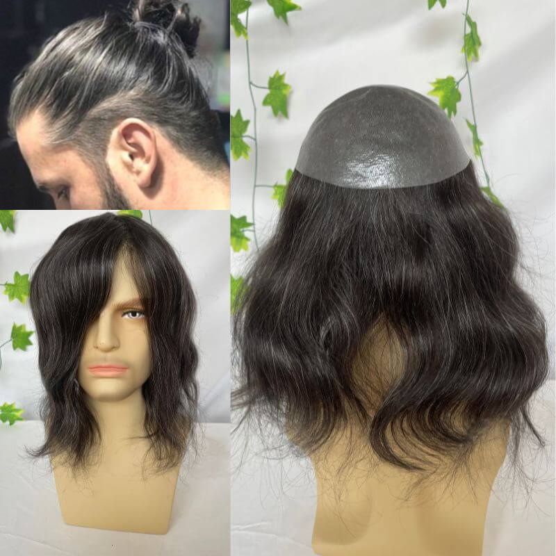 12 Inch Ultra Thin Skin Men Toupee 1b20 80% Human Natural  Black Hair Mixed with 20% Synthetic Gray Hair Long Toupee for Man V-loop Full PU Hair System  8X10inch