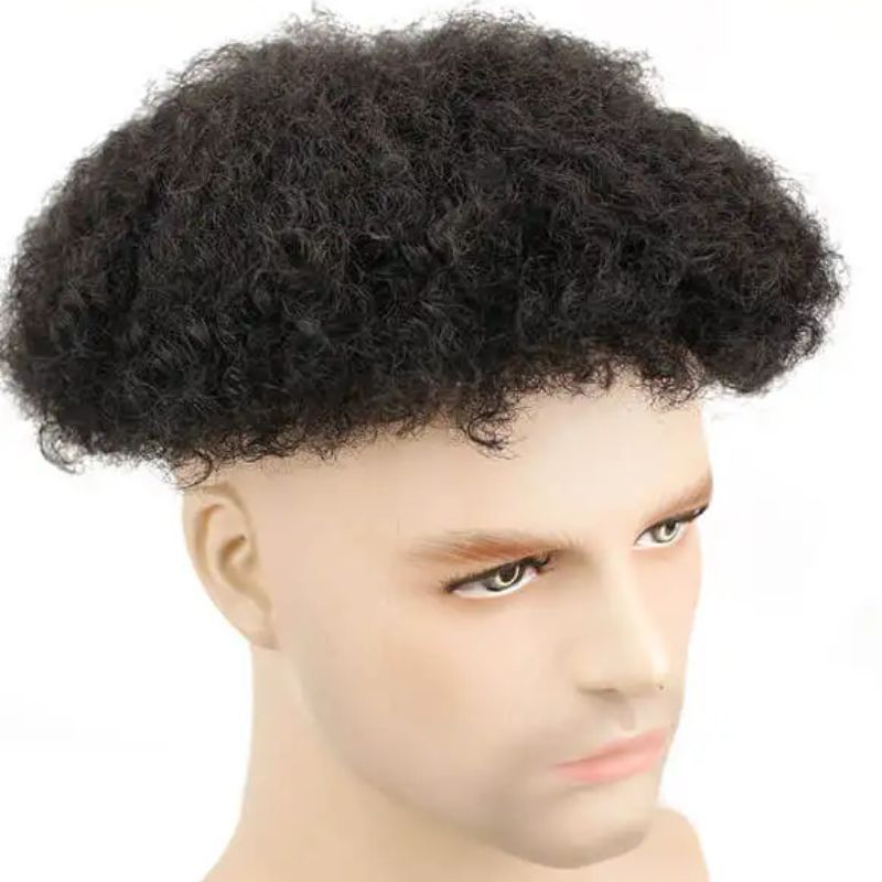Afro Kinky Toupee Lace with PU Hair Replacement System Afro Kinky Curly Brazilian Remy Black Human Hair Wig For Men Made Bleached&Tiny Knots10x8