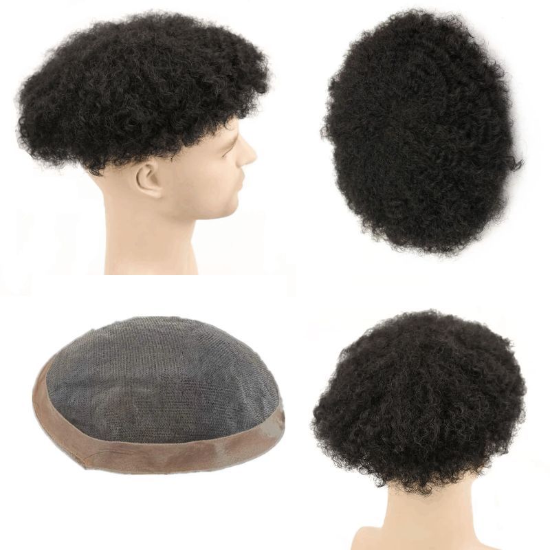 Afro Kinky Toupee Lace with PU Hair Replacement System Afro Kinky Curly Brazilian Remy Black Human Hair Wig For Men Made Bleached&Tiny Knots10x8