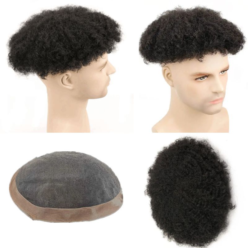 Afro Kinky Toupee Lace with PU Hair Replacement System Afro Kinky Curly Brazilian Remy Black Human Hair Wig For Men Made Bleached&amp;Tiny Knots10x8