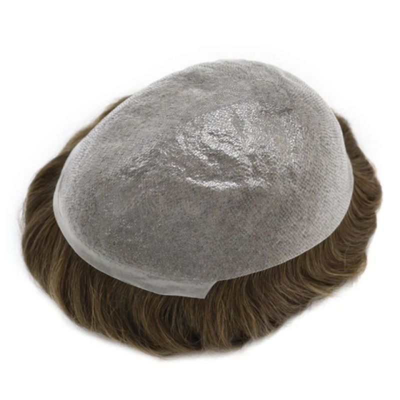 Men Toupee Handmade Hairpiece 0.04-0.06mm Full PU Stock Mens Toupee V-Loop Super Thin Full Skin Man Hair Transparent Poly Hair System 32mm Slight Wave 8x10 7# Brown