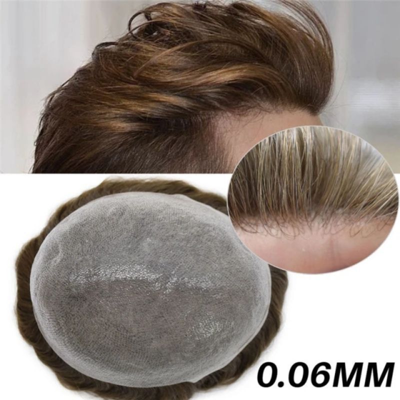 Men Toupee Handmade Hairpiece 0.04-0.06mm Full PU Stock Mens Toupee V-Loop Super Thin Full Skin Man Hair Transparent Poly Hair System 32mm Slight Wave 8x10 7# Brown