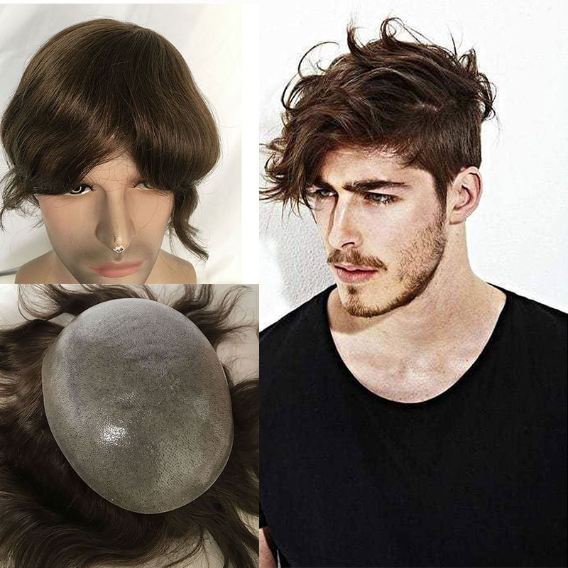 Men Toupee Handmade Wig Human Hair Replacement Systems PU Transparent Thin Skin Base Natural 100% Human Remy Hair 10x8inch