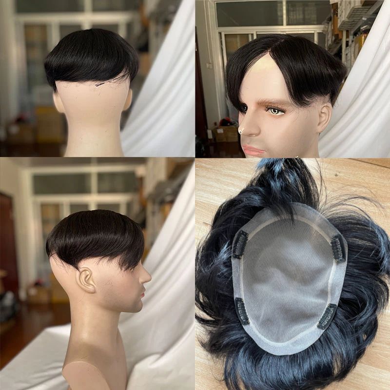 Men's Hair System 100%Human Hair Toupee Swiss Lace Toupee For Men With NPU Around Clip In Hair System Toupee 1B Color Hair Piece