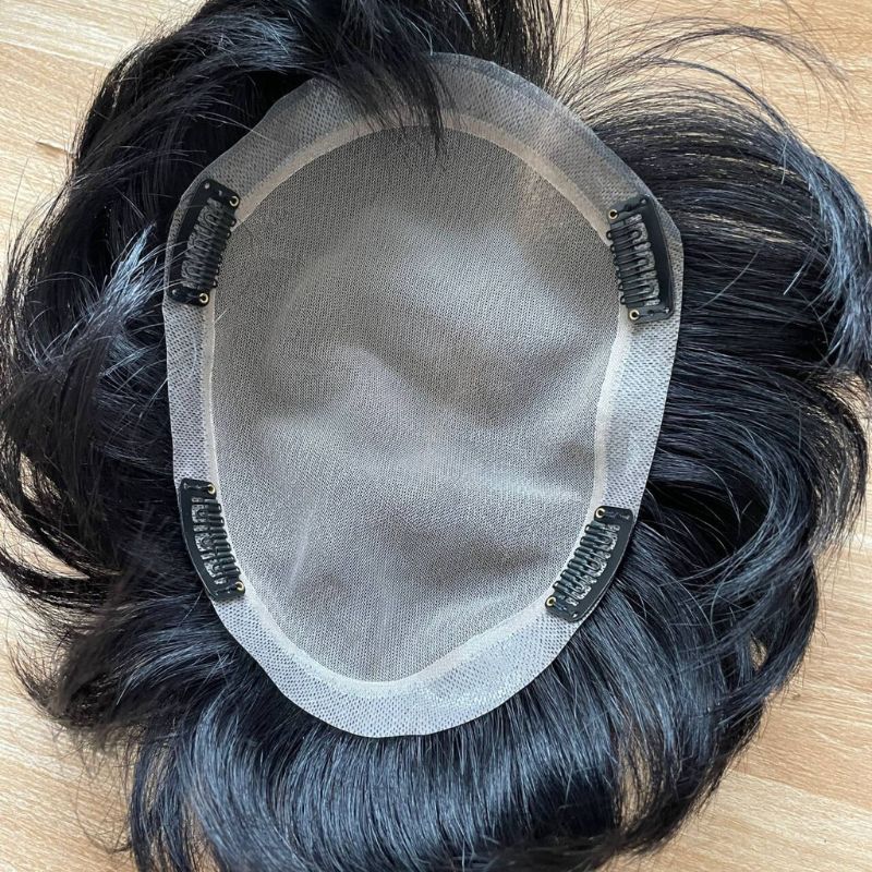 Men's Hair System 100%Human Hair Toupee Swiss Lace Toupee For Men With NPU Around Clip In Hair System Toupee 1B Color Hair Piece