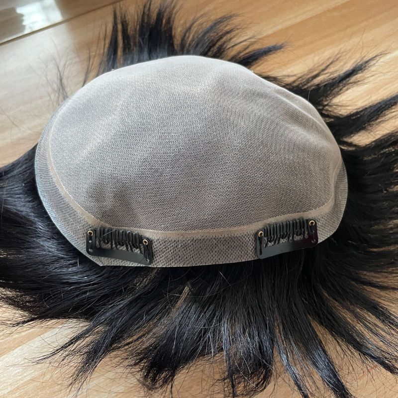 Men's Hair System 100%Human Hair Toupee Swiss Lace Toupee For Men With NPU Around Clip In Hair System Toupee 1B Color Hair Piece