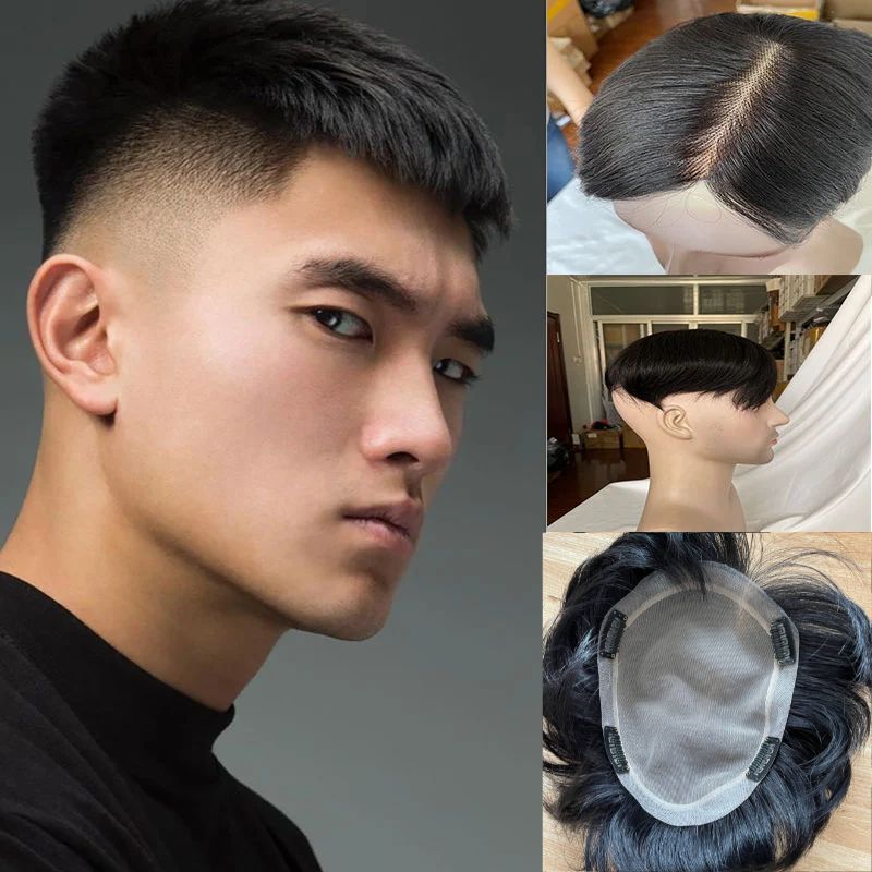 Cut About 3inch Silk Base Toupee For Men Hair Piece Toupee 130%Density Men Wigs Human Hair Toupee Silk Base Clip 1B
