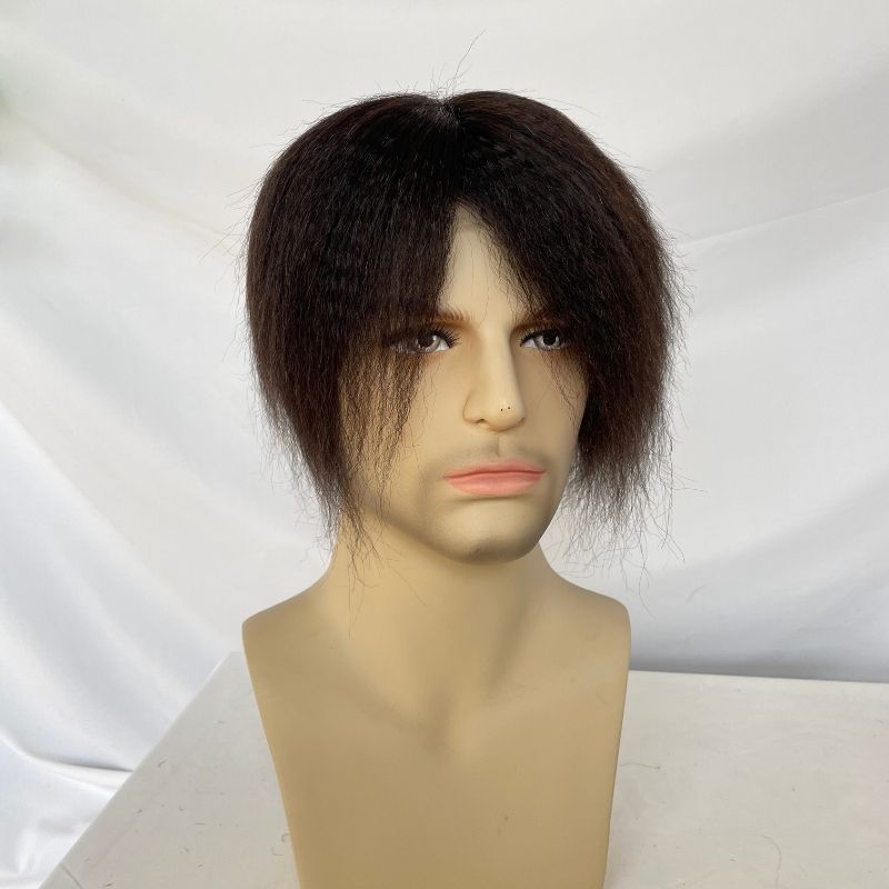Kinky Straight Toupee Lace Full Lace Hair Replacement System Remy Black Human Hair Wig For Men Made Bleached&Tiny Knots10x8