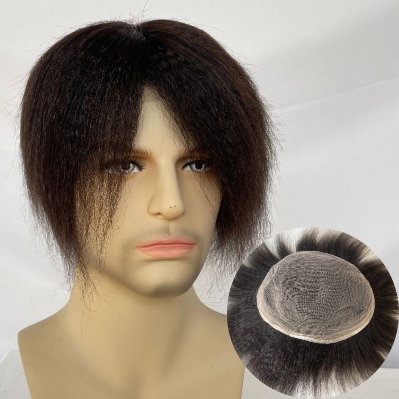 Kinky Straight Toupee Lace Full Lace Hair Replacement System Remy Black Human Hair Wig For Men Made Bleached&Tiny Knots10x8