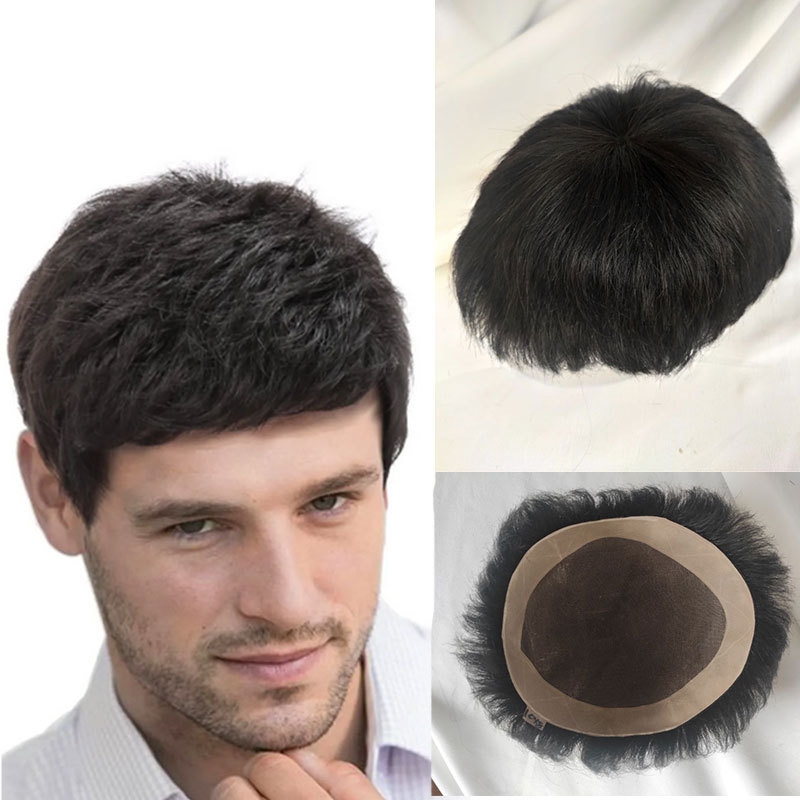 Fine Mono Mens Toupee Human Hair Replacement System Men Hair Cut Style Curly 10x8 inch Hair Pieces Toupee With PU Base Black 1B#