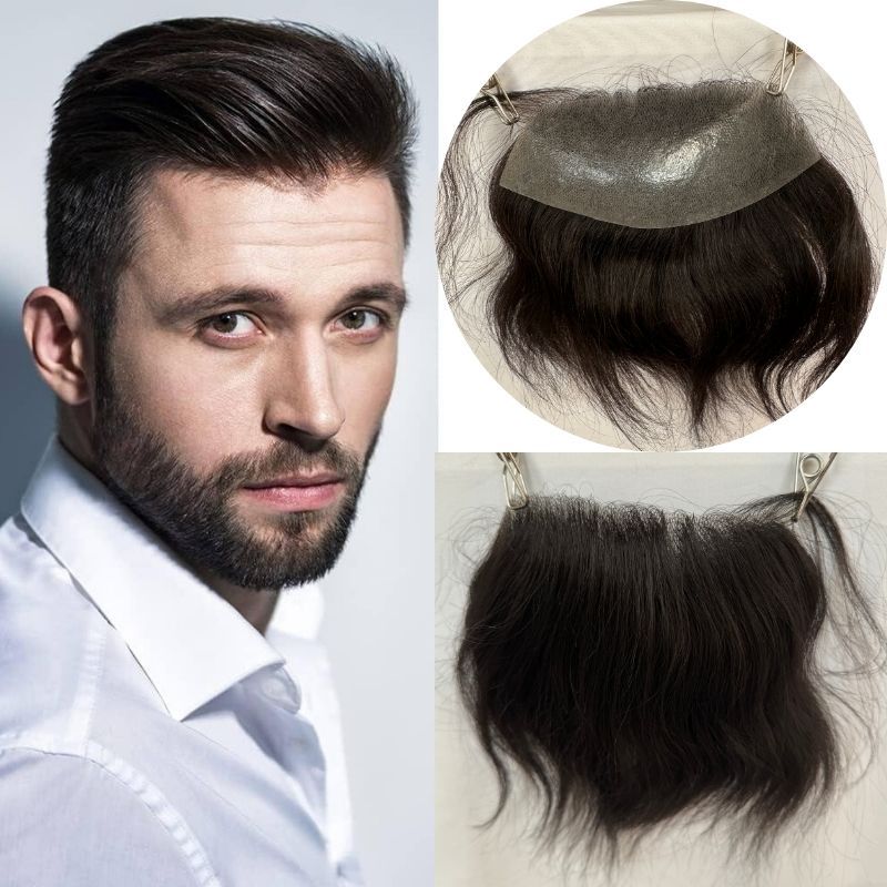 Men V Frontal  Big 7x16 cm Hairline Toupee Human Hair Skin PU Man Hairpieces For Natural Hairline 1B Color Toupee For Men Thin Skin Hair System V-loop Hair Patch