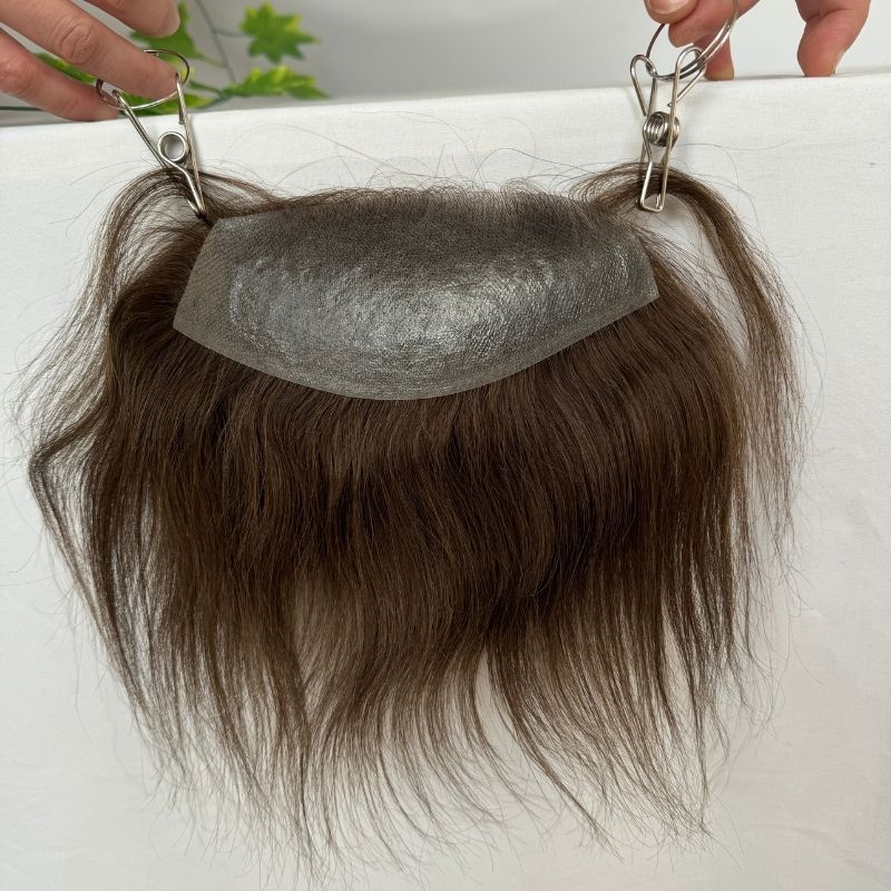 #4 Brown Color Full PU Hairline Men's Toupee Human Hair Hairpiece For Man V Style Front Remy Hair Natural Extension Hairline 3x17cm