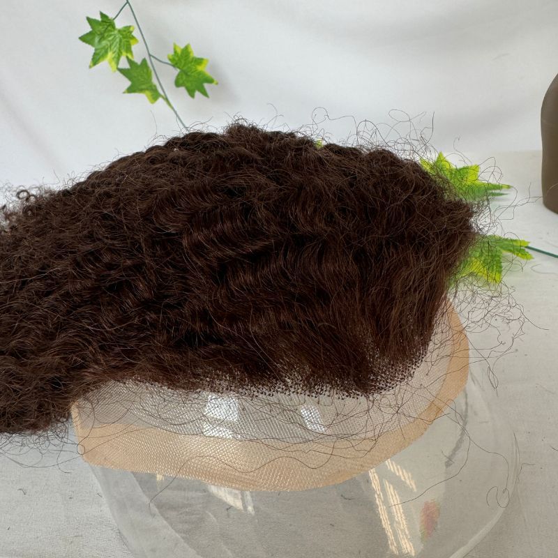 Voloria Hair Toupee Long Toupee For Men Brown 3# Color 12inch Human Hair Best Mono Lace With PU Toupee Men Wigs Afro Kinky Curly 10X8inch Toupee Men's Wigs