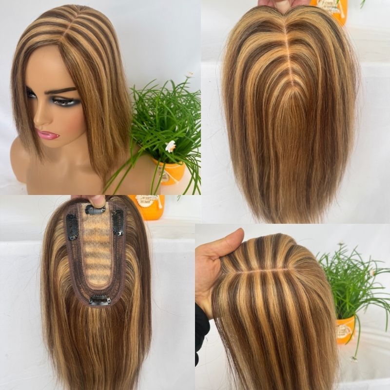 Medium Brown Mix  Dark Blonde Color Silk Base European Human Hair Topper With Clips In Silk Top Hair Toupee for Women 7x13 CM Silk Base Closure Wigs for Woman 12 Inch 4p27#