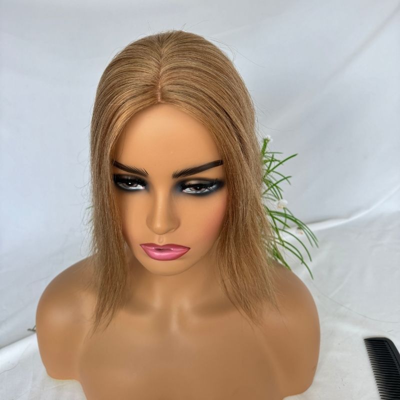 8# Light Brown Color Silk Base European Human Hair Topper With Clips In Silk Top Hair Toupee for Women 7x13 CM Silk Base Closure Wigs for Woman 12 Inch