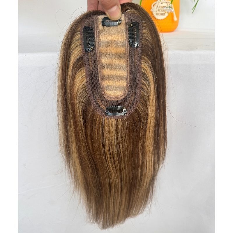 Medium Brown Mix  Dark Blonde Color Silk Base European Human Hair Topper With Clips In Silk Top Hair Toupee for Women 7x13 CM Silk Base Closure Wigs for Woman 12 Inch 4p27#