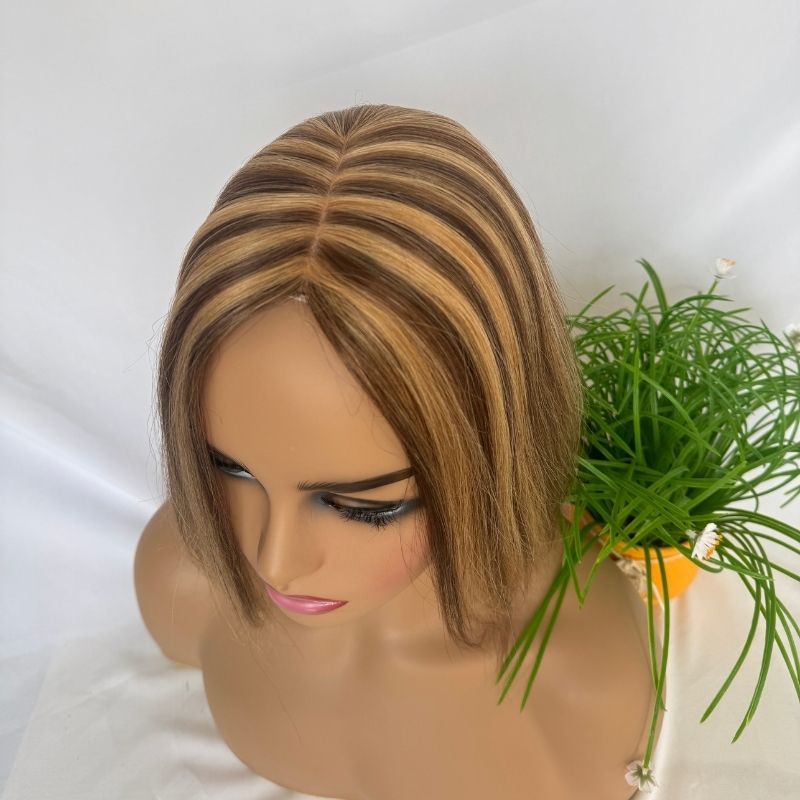 Medium Brown Mix  Dark Blonde Color Silk Base European Human Hair Topper With Clips In Silk Top Hair Toupee for Women 7x13 CM Silk Base Closure Wigs for Woman 12 Inch 4p27#