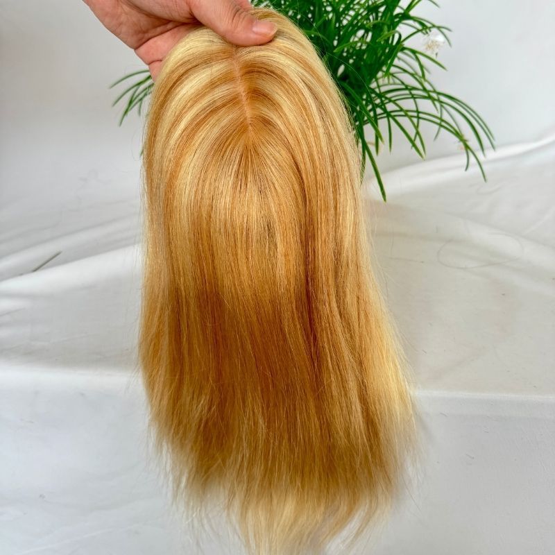 Medium Brown Mix 613 Blonde Color Silk Base European Human Hair Topper With Clips In Silk Top Hair Toupee for Women 7x13 CM Silk Base Closure Wigs for Woman 12 Inch 27P613#