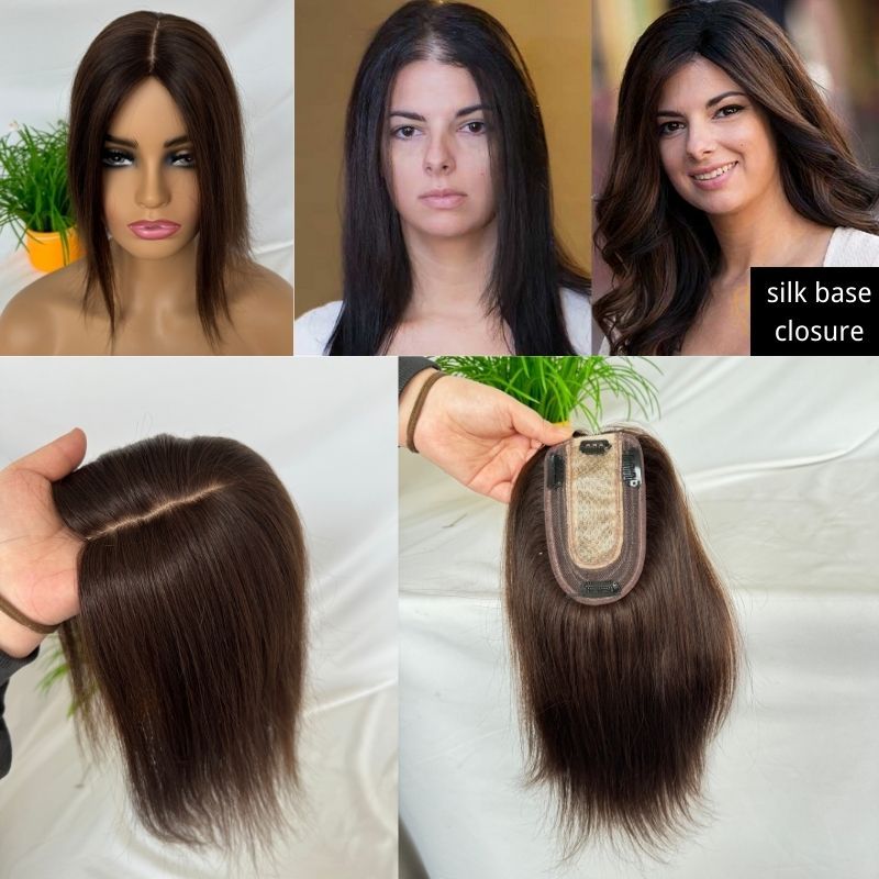 Brown Color Silk Base European Human Hair Topper With Clips In Silk Top Hair Toupee for Women 7x13 CM Silk Base Closure Wigs for Woman 12 Inch